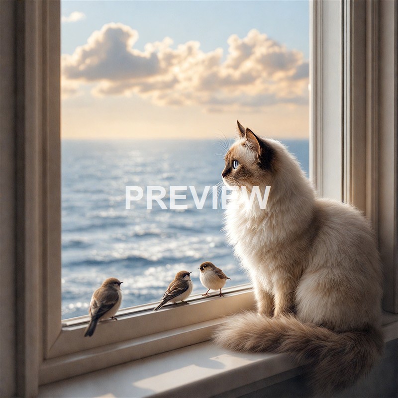 A fluffy cream-colored cat with blue eyes sitting on a windowsill, gazing outside at the ocean and sky with clouds during sunset, accompanied by three small birds perched nearby.